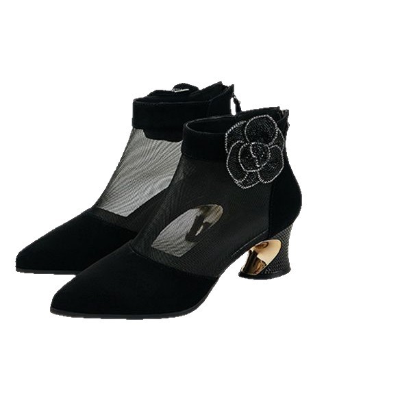 Comercio exterior 2026 nuevas sandalias de talón medio de diamante botas frías de malla de talón grueso hueco zapatos de mujer punta con zapatos de falda