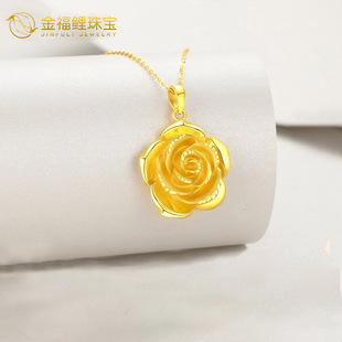 Gold 999 Pure Gold Rose Blossom Pendant 3D Hard Gold National Trend Clavicle Chain Necklace for Mom Gift Wholesale