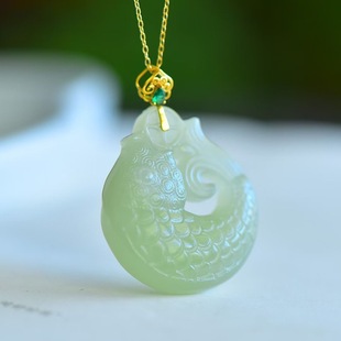 Fubei Diamond Jewelry [18K Gold Inlaid with Hetian Jade Qinghai Material Fish Leaping over the Dragon's Door Pendant] Bare Stone Size 21*35mm