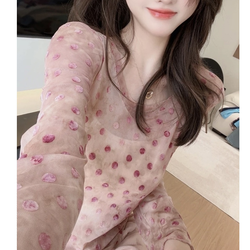 2025 Spring and Summer Fashionable Slightly See-Through Design Fashionable Polka Dot Shirt Slimming Look Cool Long-Sleeved Top Women's Comfortable