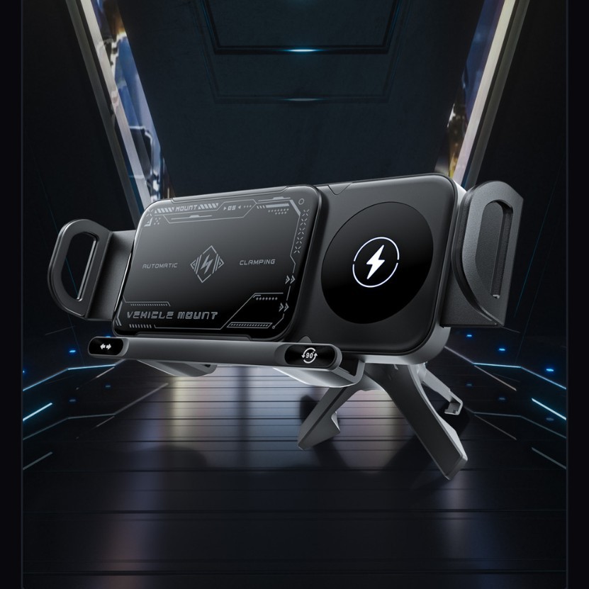 Folding Screen Car Phone Holder with Rotating Navigation, Magnetic Wireless Charging Stand, Suitable for Huawei and Samsung