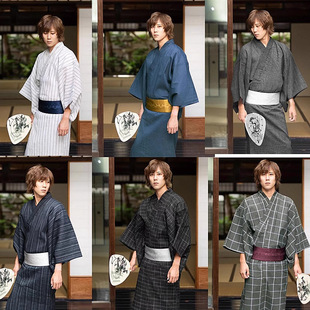 Kimono bathrobe men's traditional style cotton and linen texture travel photo multi-style belt