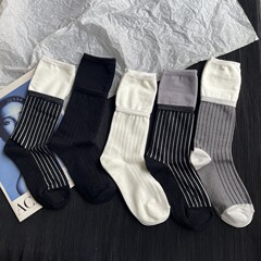 豎條顯瘦日系拼接潮牌文藝女襪秋季復古堆堆襪