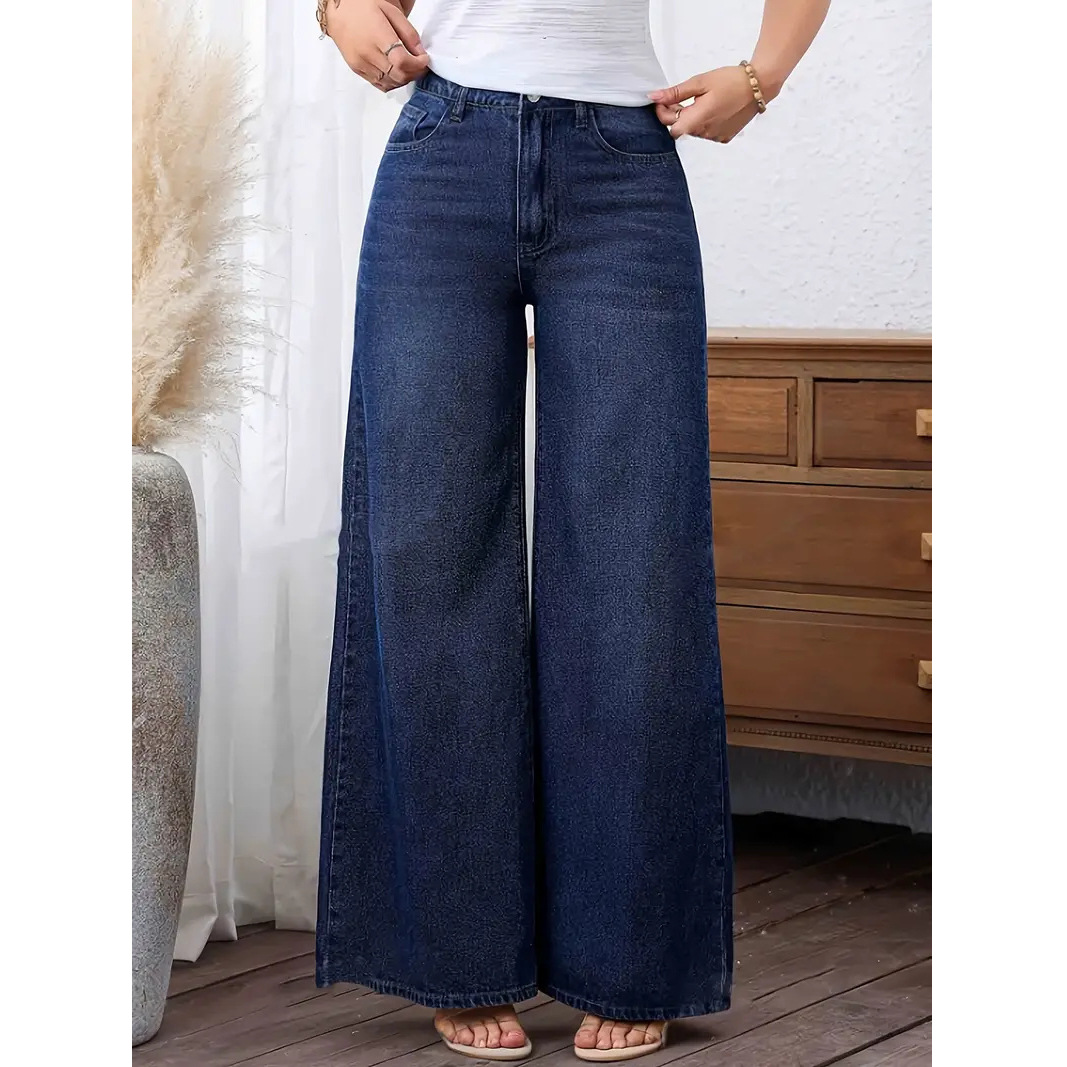 Women's Classic Washed Denim Jeans - Straight Wide Leg Fit, Comfortable Stretch Fabric, Simple & Fashionable Everyday Pants_mkmklike.com