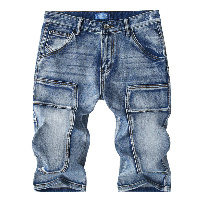 Size 28-44 Patchwork Trendy Brand Men's Denim Shorts, Summer Thin Straight Loose Fit Large Size 7/8 Length Men's Shorts