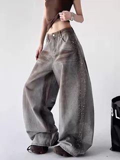 美式辣妹银灰色满天星烫钻牛仔裤子女春季复古宽松百搭阔腿拖地裤