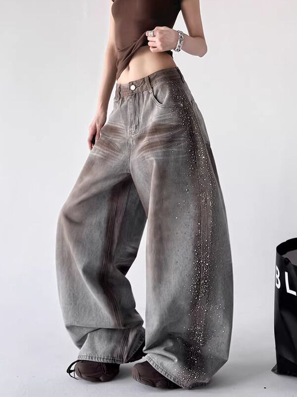 American-Style Spicy Girl Silver-Gray Star-Studded Rhinestone Jeans for Women, Spring Vintage Loose Versatile Wide-Leg Floor-Length Pants American-Style Spicy Girl Silver-Gray Star-Studded Rhinestone Jeans for Women, Spring Vintage Loose Versatile Wide-Leg Floor-Length Pants