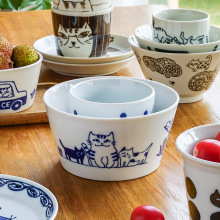 进口美浓烧喵系列日式茶碗饭碗陶瓷陶瓷平碗小碟家用直口汤吞杯