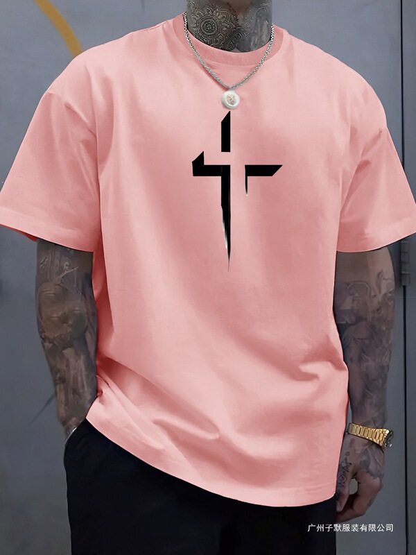 Summer Men's Cotton Casual Loose Plus Size Cross Creative Print Sports Round Neck Short-Sleeved T-Shirt