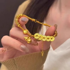 新中国式古法沙金五帝銭拉糸瓢箪盤巻き手串福禄復古風百合高級感ブレスレット