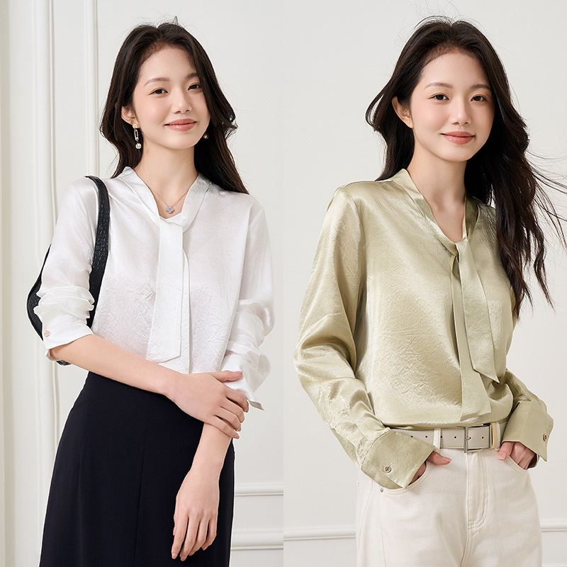 100% Heavy Weight Acetate Shirt Women's Satin High-End Long-Sleeved Top New Commuter Fashion Versatile Shirt Large Size