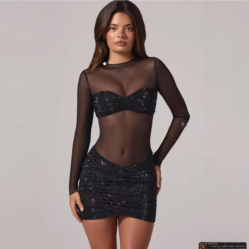 Amazon Sexy See-Through Mesh Long-Sleeve Sequin Dress with Strapless Ruched Bodycon Mini Skirt for Nightclub Party Amazon Sexy See-Through Mesh Long-Sleeve Sequin Dress with Strapless Ruched Bodycon Mini Skirt for Nightclub Party