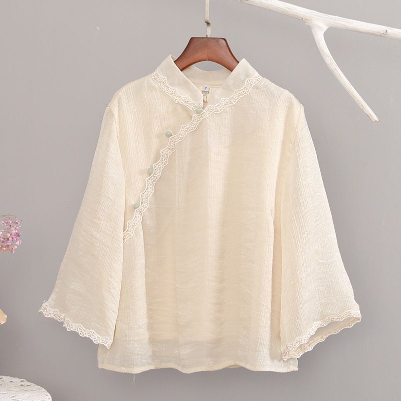 Summer Tang Suit Chinese Style Tops for Women with Stand Collar and Buckles Zen Clothing Embroidered Literary Retro Style Women's Clothing Improved Han Dynasty Tea Clothing