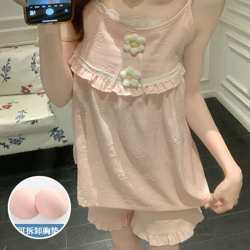 Pijamas de estilo nuevo de verano al por mayor transfronterizo con almohadilla para el pecho, eslinga de algodón de nube en relieve tejido, traje de servicio a domicilio de estilo princesa