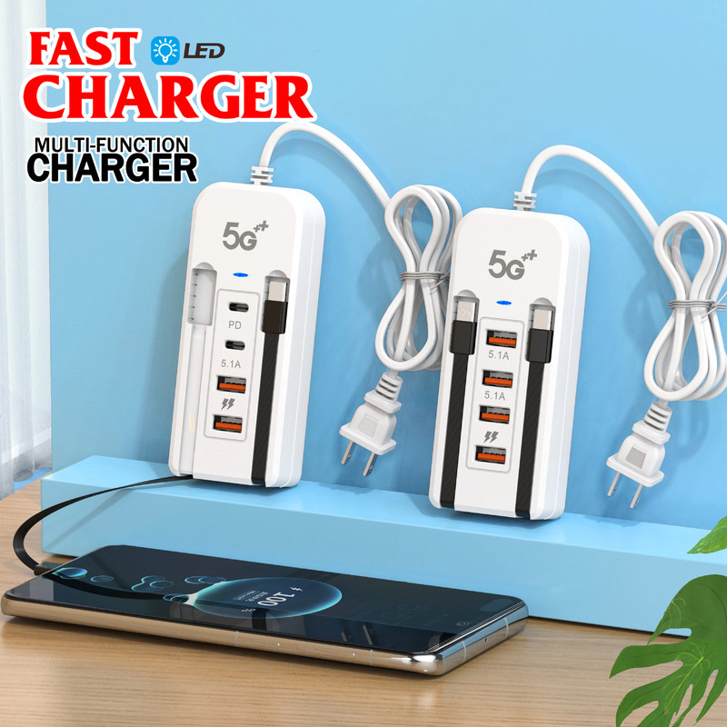 New mobile phone multi-port usb plug charger pd fast charging suitable for Apple Android dual-wire socket 6 in one