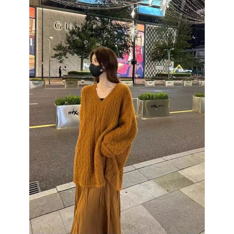 慵懒风v领麻花长袖针织衫女秋季韩系穿搭宽松软糯毛衣中长款上衣|undefined
