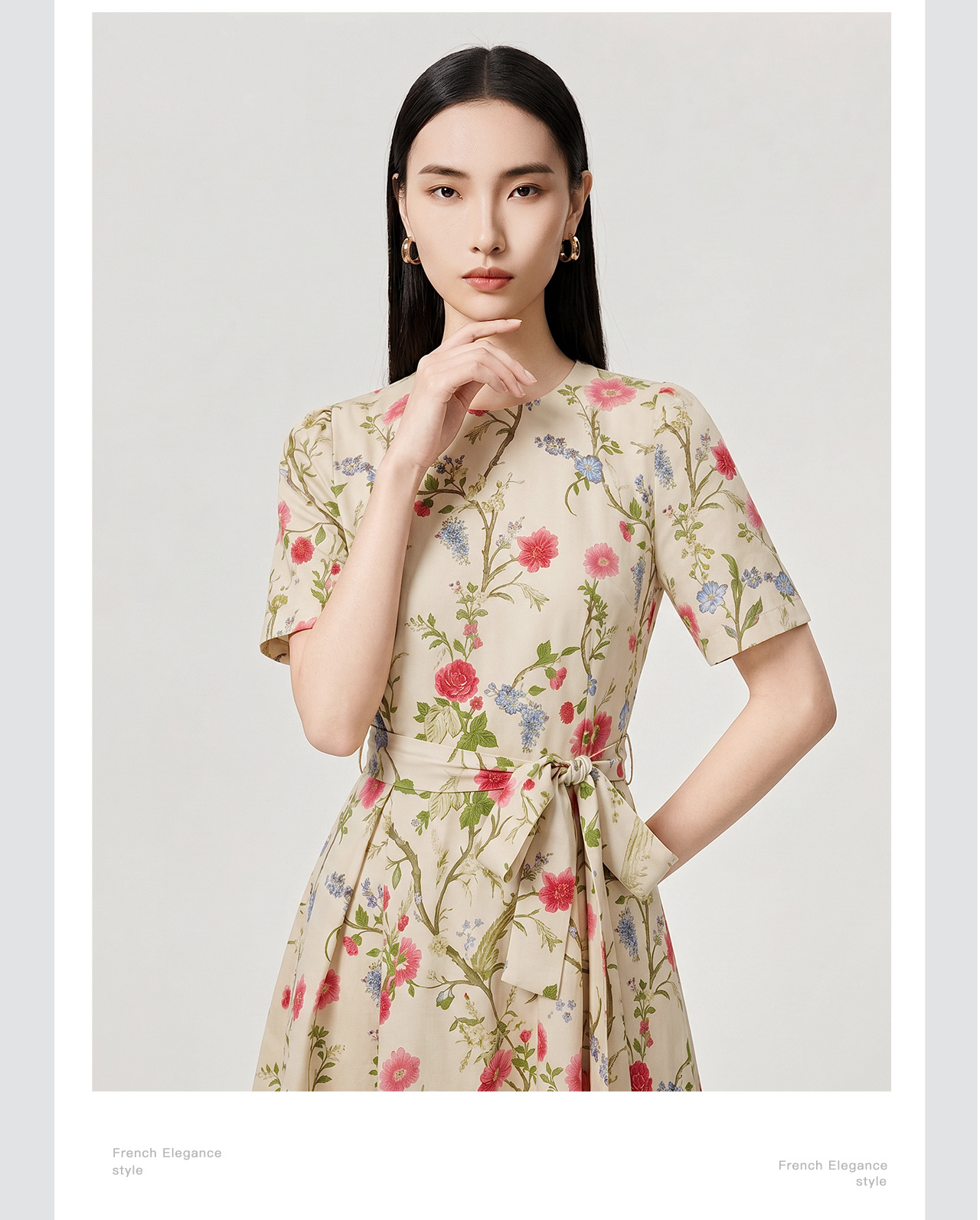 Đầm in họa tiết tay ngắn thiết kế thắt lưng eo — màu đen chi tiết 8