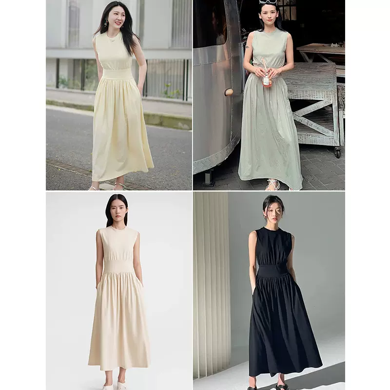 连衣裙女夏高级感棉质多色收腰A字喇叭裙摆中长款无袖休闲连衣裙