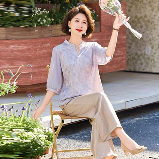 2026中老年女装夏季两件套妈妈夏装时尚休闲中年轻薄纱袖上衣套装