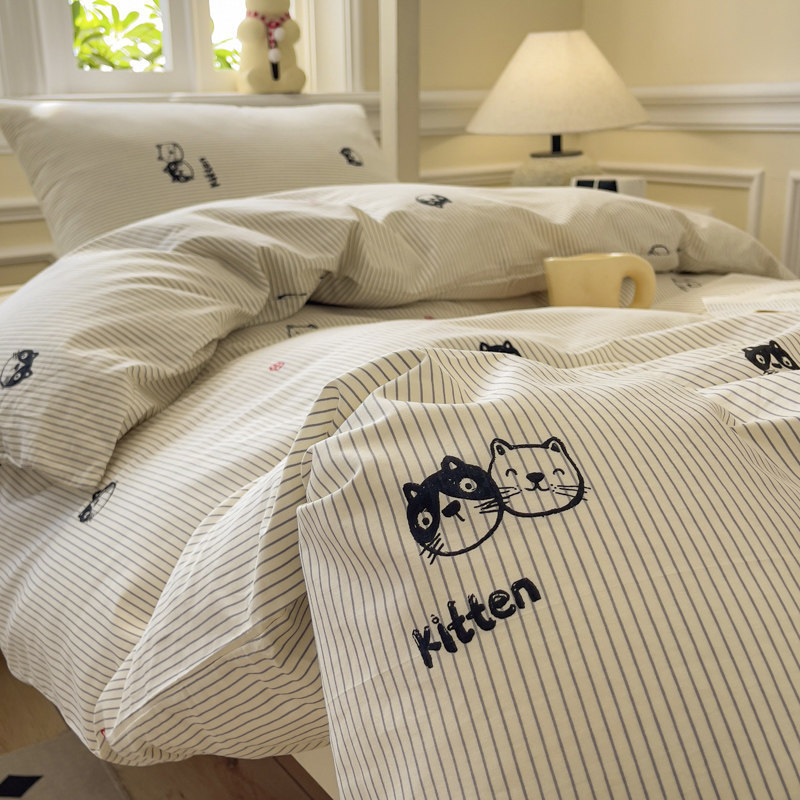 Cartoon Cotton Quilt Cover Single Piece Pure Cotton 150×200×230 Fitted Sheet Student Dormitory Bedding Three or Four Piece Set
