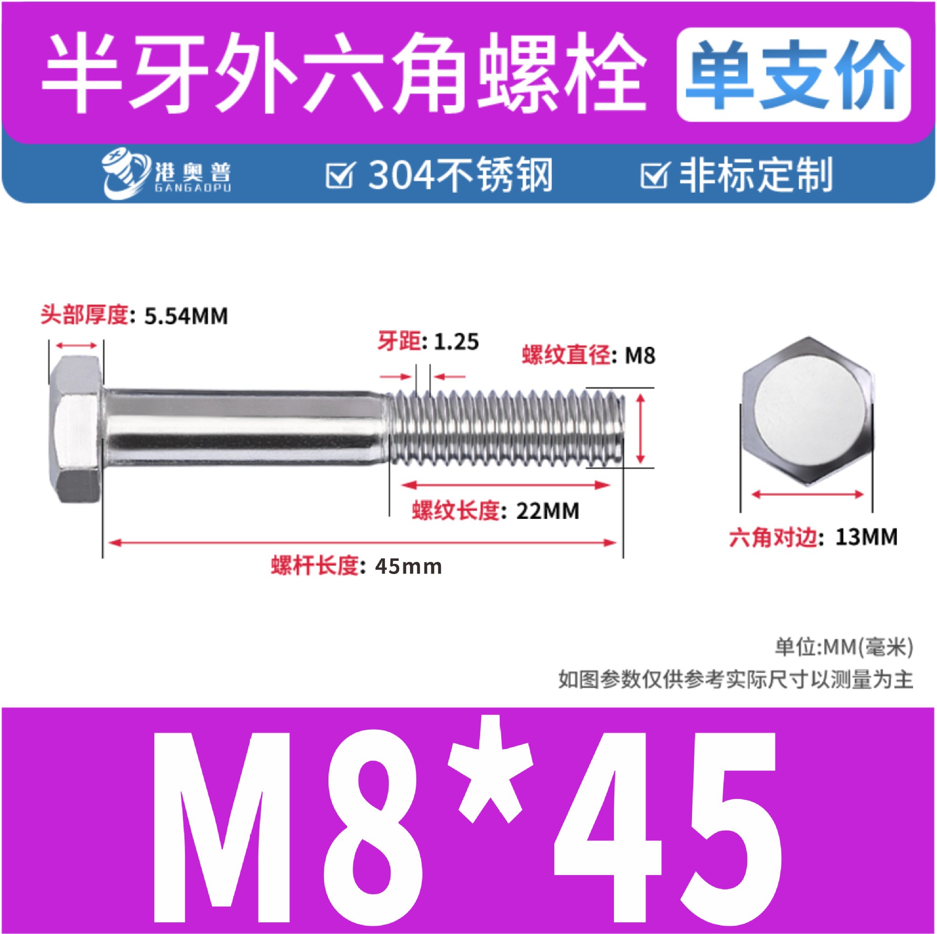 Tornillos hexagonales de media rosca, acero inoxidable 304
