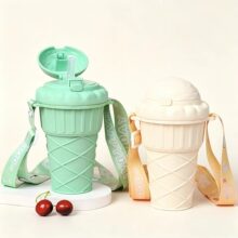 冰淇淋甜筒吸管塑料杯儿童学生户外随身杯大容量可爱弹盖水杯