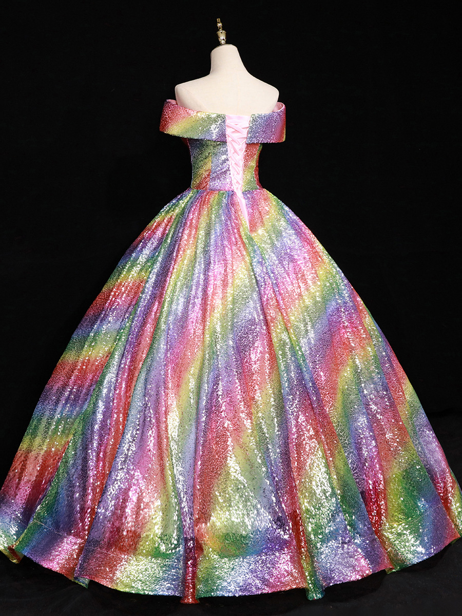 Damenbekleidung Braut verträumtes buntes Paillettenball-Performance-Kostüm mit einer Schulter Hochzeitskleid_voghion.com