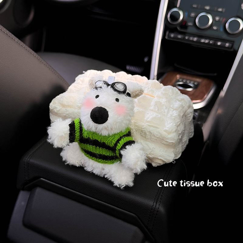 Caja de reposabrazos Caja de pañuelos Caja de dibujo para coche 2024 Nueva muñeca West Highland Decoración de coche Bolsa de pañuelos Mujer linda