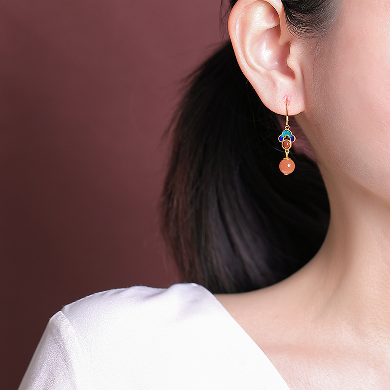 Khuyên tai dài nam bạc S925 mạ vàng nước đỏ mã não đỏ men cloisonné họa tiết Xiangyun — Một cặp