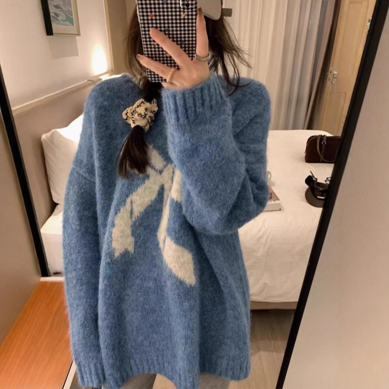 Retro Bow Sweater for Women in Autumn and Winter Loose Lazy Style Round Neck Fluffy Soft Waxy Pullover Bottoming Knitted Top Retro Bow Sweater for Women in Autumn and Winter Loose Lazy Style Round Neck Fluffy Soft Waxy Pullover Bottoming Knitted Top