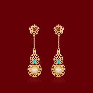 Gong Dian Guo Chao Ancient Method Golden Craft Turquoise South Red Stone Hetian Jade Earrings Women's Vintage Chinese Style Palace Jewelry