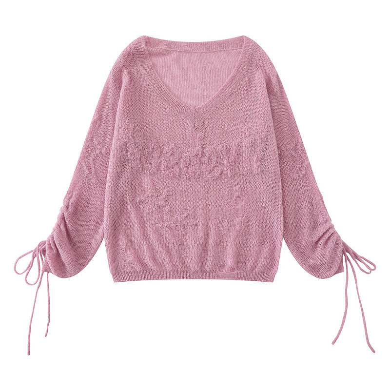 Men's Clothing Pure Desire Style Pink Crochet Ripped V-Neck Knitwear Women's Spring and Summer Design Drawstring Pink Cover-Up