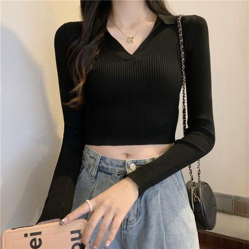 Early Autumn Self-Cultivation Polo Collar Base Shirt Slim Long-Sleeve Knit Shirt T-Shirt Autumn Top Women's