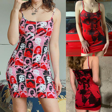 亚马逊女装连衣裙抽象头像印花连衣裙性感包臀短裙吊带包臀SU2482