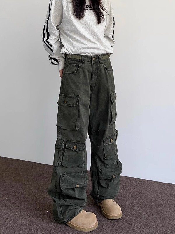 Trendy Brand Wash Water Denim Heavy Industry Workwear Pants Men's and Women's American-style Functional Pocket Tactical Pants Outdoor Sports Straight Pants