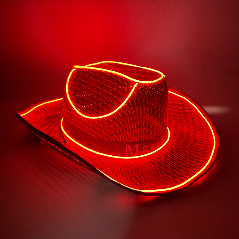 #614-2 3V无线款-草帽发光牛仔帽(翘沿酒红)(红色)