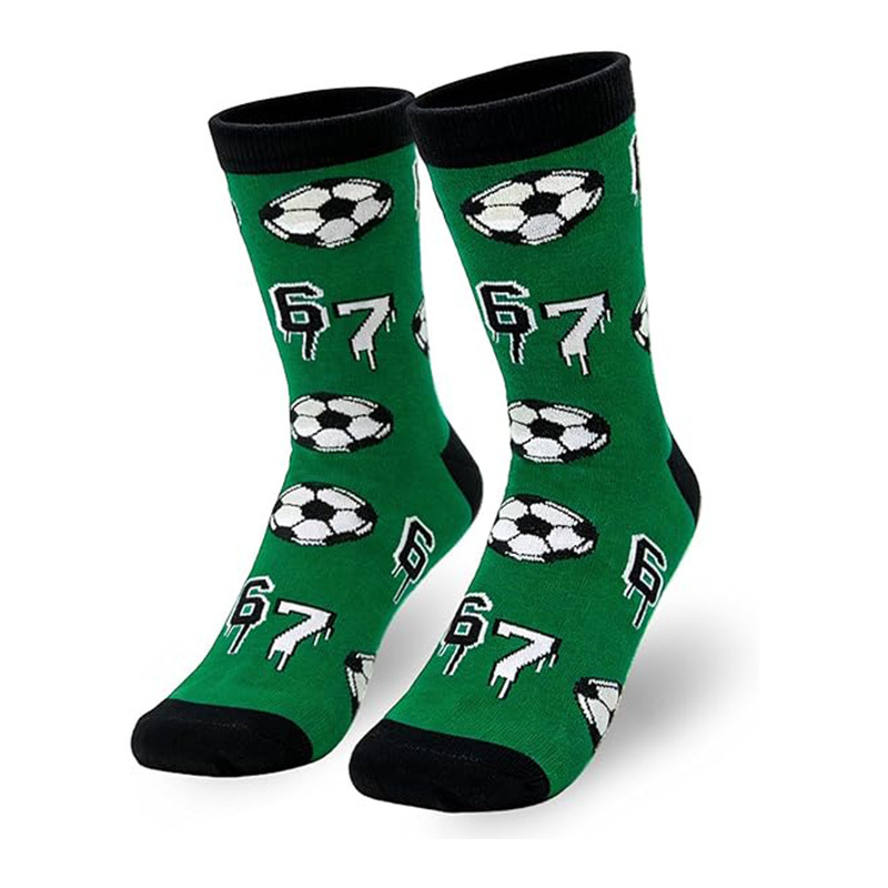 Cross-Border Amazon Mid-Calf Socks with Football-Themed Digital Print Number 67, Creative Design, Green Sports Cotton Socks