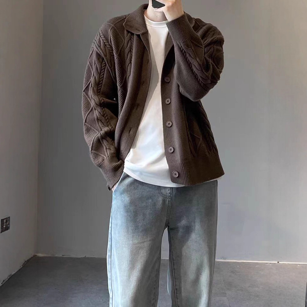 Camiseta de punto de color café chaqueta masculina suave principios de otoño coreana con suéter suelto estilo masculino de moda coreana