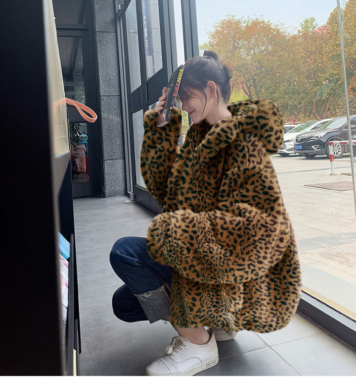 2022 Autumn and Winter New Imitation Fur Coat Women's Imitation Rex Rabbit Fur Hooded Plush Coat Loose Warm