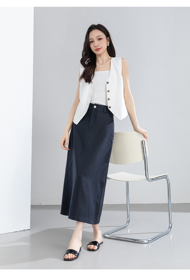 Chân váy chữ A dáng dài nữ chất liệu linen phối sợi tencel, thiết kế che khuyết điểm eo hông — màu xanh navy chi tiết 21
