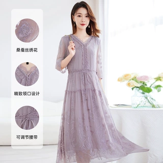 蚕光絮语杭州新九天水墨丝绸100%桑蚕丝重工绣花真丝连衣裙女9500
