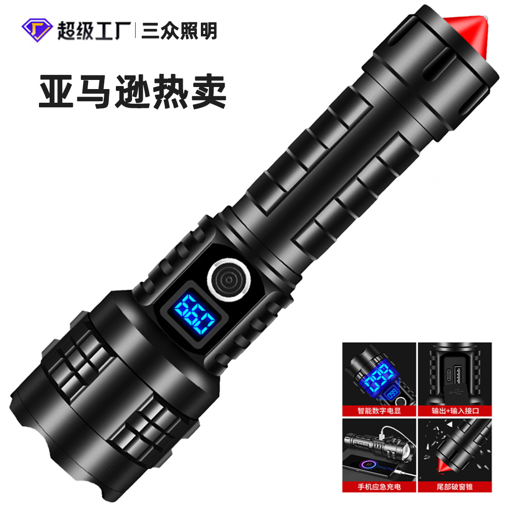 Linterna de pantalla digital P70 súper brillante con carga explosiva transfronteriza, linterna láser blanca con zoom de aleación de aluminio de larga distancia al aire libre