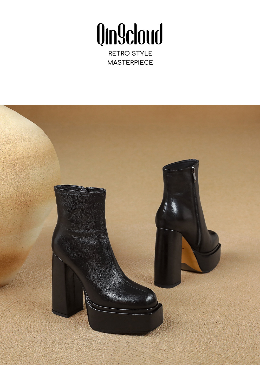 Boot nữ cổ cao ôm chân da dê mềm gót vuông đế xuồng 12.5 cm — Lớp lót nhung đen chi tiết 14