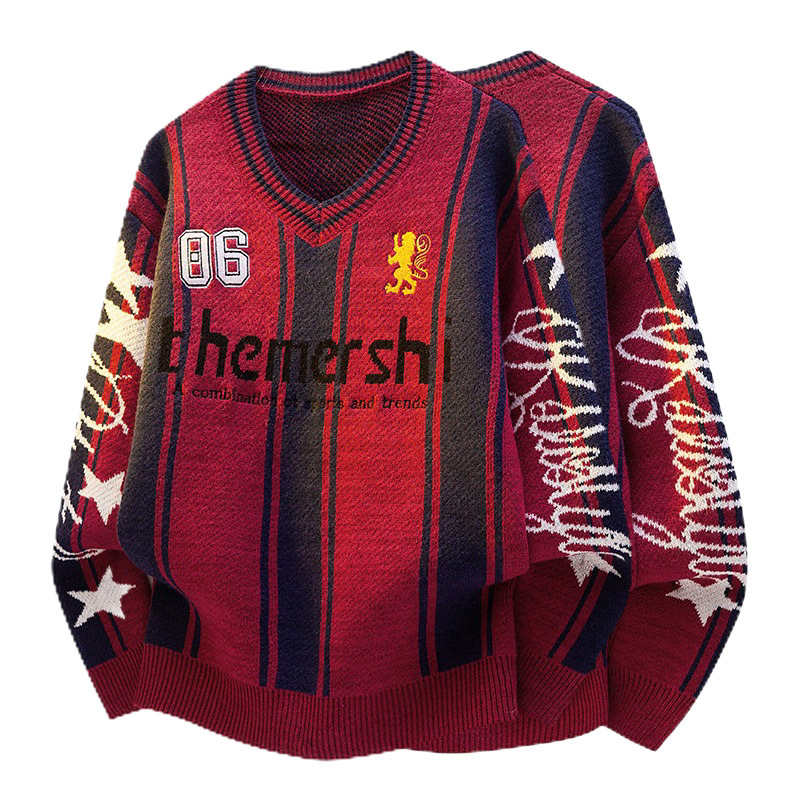 Explosiones transfronterizas de tamaño grande europeo camiseta de cuello V suéter de punto marca de moda masculina letras rayas fábrica de contraste al por mayor