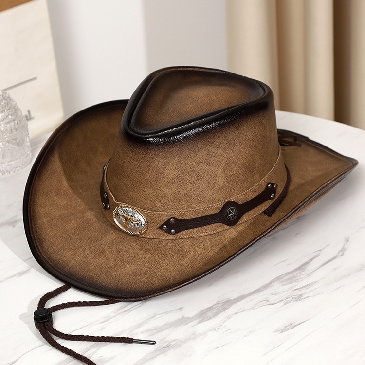Men's and Women's Retro High Quality Leather Big Brim Big Cow Head Horse Riding Beach Sun Protection Sun Shade Western Cowboy Hat Sun Cool Hat