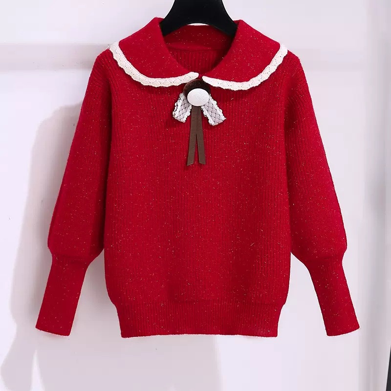 女童毛衣秋冬新款儿童红色上衣新年儿童娃娃领针织衫女孩过年衣服
