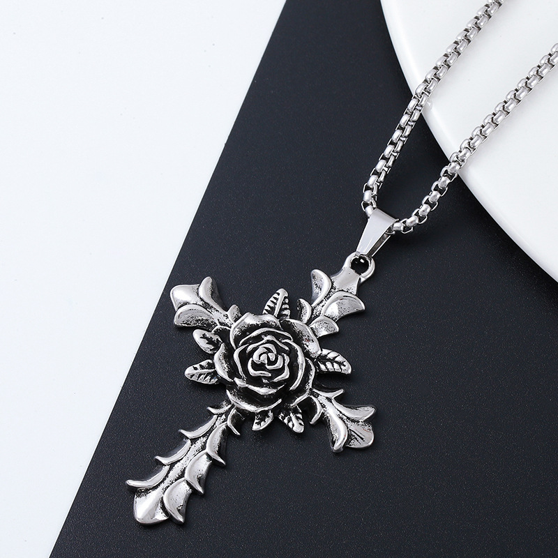 Nuova collana lunga con croce e fiore di rosa per uomo, ciondolo alla moda hip hop, versatile catena per maglione_voghion.com