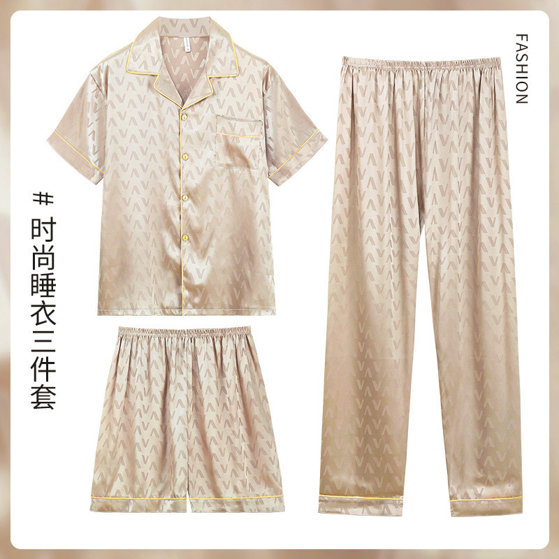 Pijamas de los hombres de verano de seda de hielo de manga corta de tres piezas traje de alta calidad de seda real japonés ins carta simple ropa para el hogar