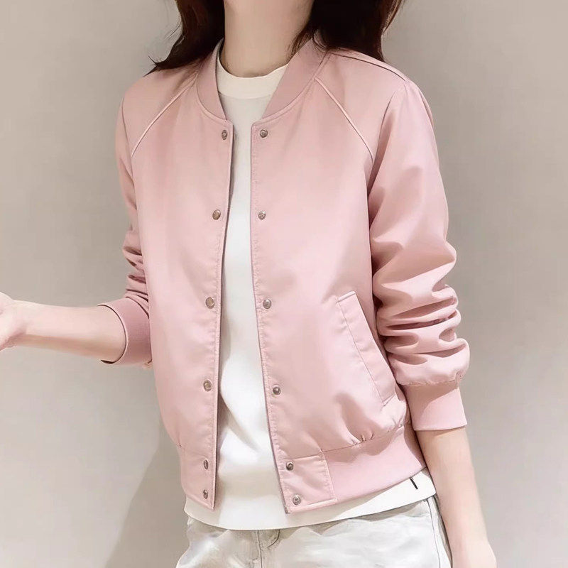 Áo khoác bóng chày nữ dáng suông họa tiết chữ, cổ tròn khóa kéo, tay dài — Màu hồng