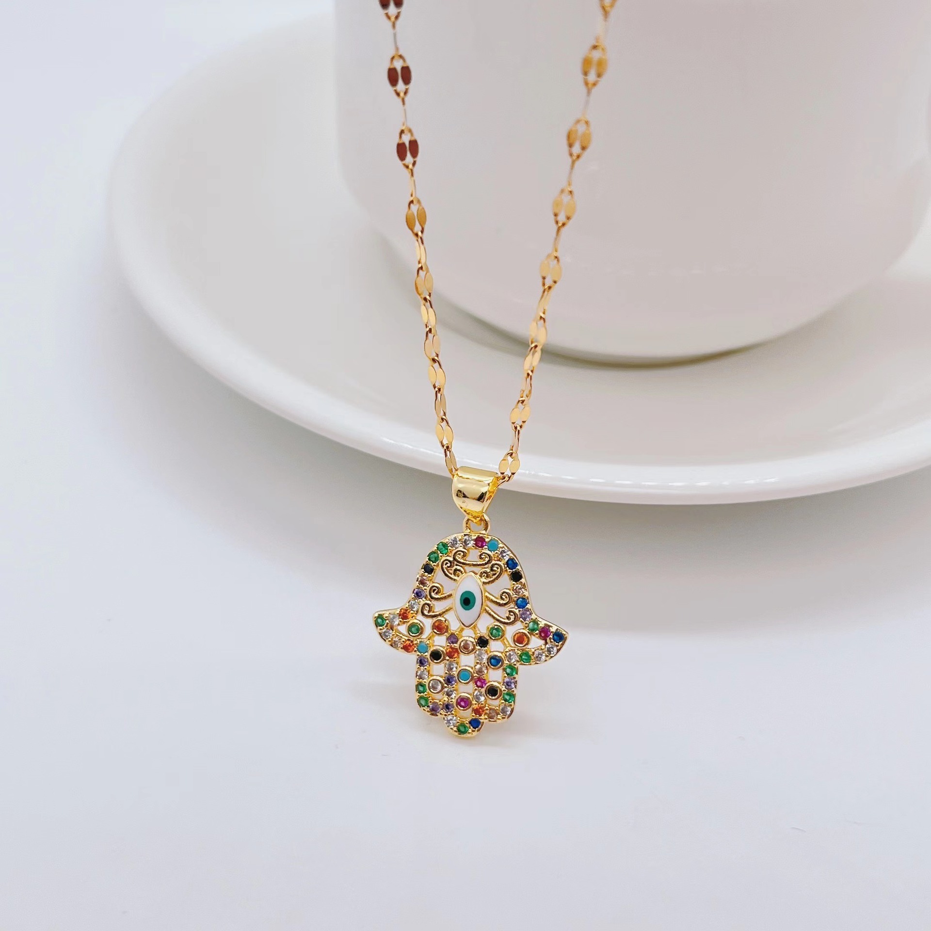 Retro Devilu0027S Eye Palm Titanium Steel Necklace Inlay Rhinestone Stainless Steel Necklaces